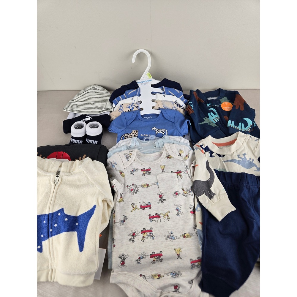 Carters Puma Baby Boy 15pc Clothing Lot‎ 3M Dinosaur Mickey Mouse Bodysuits Hat